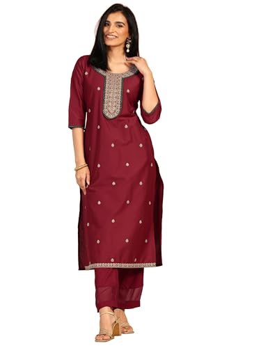 Libas WomenS Silk Embroidered Straight-Fit Kurta (29840_Maroon