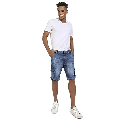 Campus Sutra MenS Blue Distressed Cargo Denim Shorts For Casual Wear | Medium-Wash Button Closure | Denim Denim Shorts Crafted