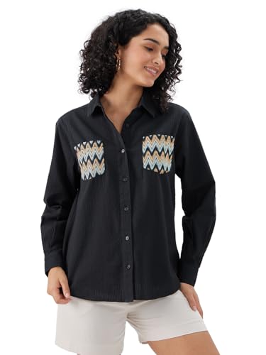 The Souled Store Aruba Women and Girls Long Sleeves Collared Neck Button Front Crochet Pocket Textured Fabric Cotton Boyfriend S