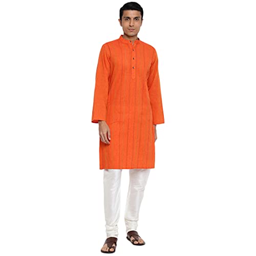 Fabindia Men Cotton Pintucks Long Kurta Orange_M