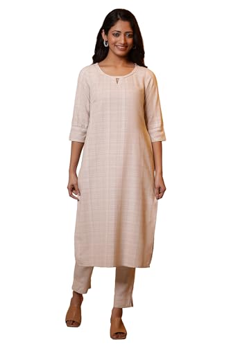 Aurelia WomenS Cotton Blend Checkered Regular Kurta (24Fea15220_Beige