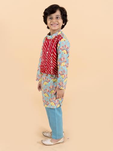Pspeaches Kids-Boys Sea Green Printed Pleated Pure Cotton Kurta With Churidar