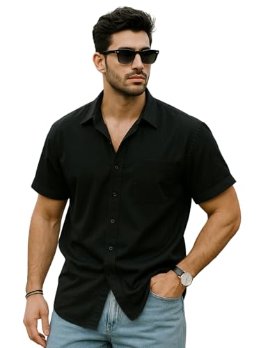 Veirdo Mens Classic Short Sleeve Button Down Shirt Casual Regular Fit Cotton Shirt with Pocket Summer Wear Summer St