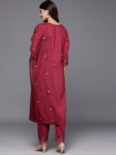 Varanga Women Red Thread Embroidered Kurta with Organza Hem Paired Bottom and Dupatta