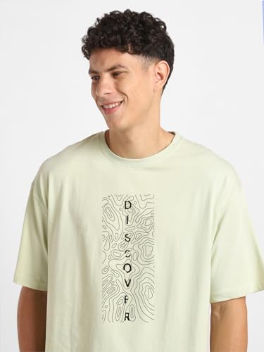 Nobero MenS Graphic Oversized Fit T-Shirt (1M-Twrt-C0869-X_Aloe Green/Black