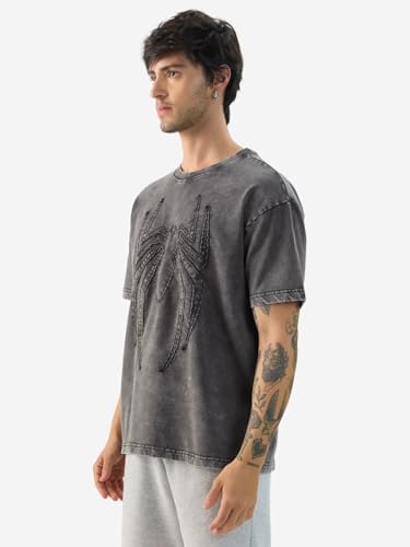 The Souled Store Official Spider-Man: Midnight Men And Boys Short Sleeve Round Neck Grey Textured Cotton Oversized T-Shirts