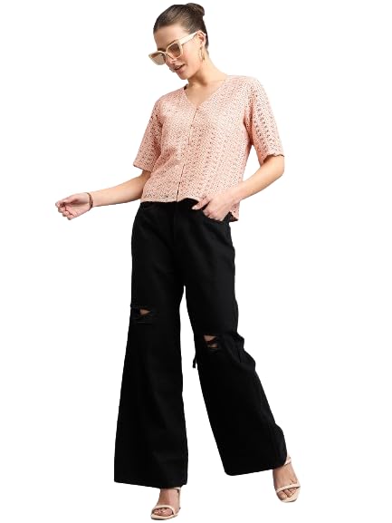 Style Quotient Women Peach Lace Casual Shirt Style Top