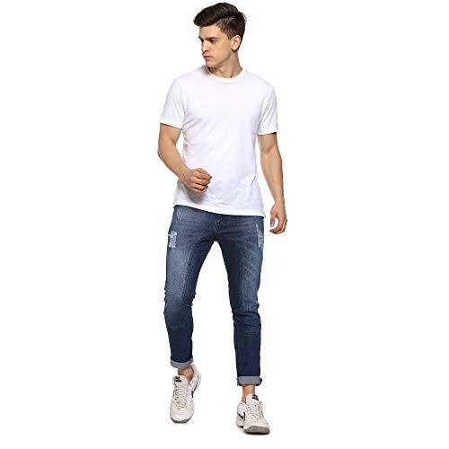 Campus Sutra MenS Navy Blue Lightly Distressed Denim Jeans For Casual Wear | Dark-Wash | Regular Fit | Button Closure | Denim J