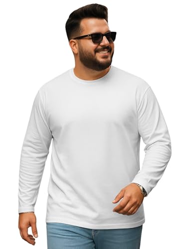 Veirdo Mens Cotton Oversized Fit Drop Shoulder Solid Core Plus Size Full Sleeve T-Shirt Whit