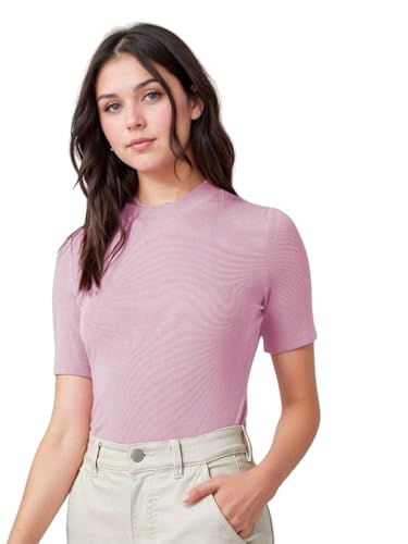 KOTTY Womens Slim Fit Half Sleeve Ribbed T-Shirt(Pink_L)