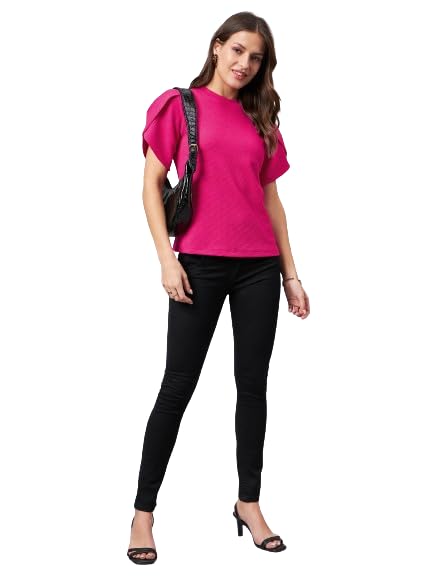 Style Quotient Women Solid Fuchsia Pink Poly Knit Smart Casual Regular Top