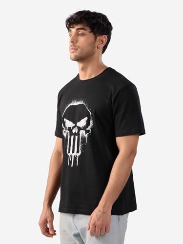 The Souled Store Official Punisher: Classic Logo Men And Boys Short Sleeves Round Neck Black Graphic Printed Regular Fit Cotton