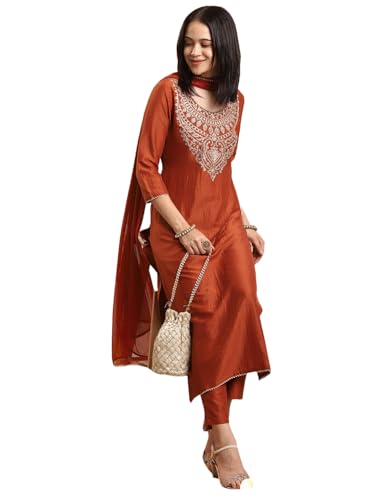 GoSriKi Womens Rayon Blend Straight Embroidered Kurta with Pant & Dupatta (GALPATIYO Mustard-GS_L_Mustard_Large)