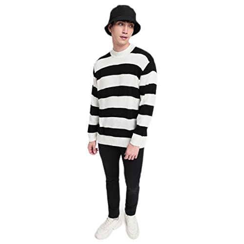 Bewakoof MenS Striped Black Mock Neck Full Sleeve Oversized Sweater