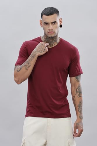 ADRO Men's V Neck Solid Cotton T-Shirt (VN-M-PLN-MR_Maroon)
