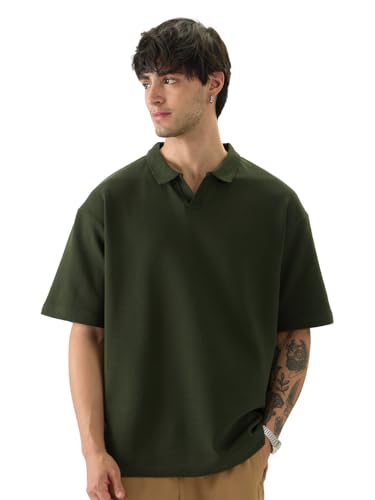 The Souled Store Solids: Dark Olive Green Men And Boys Short Sleeves Collared Neck Textured Cotton Blend Oversized Polos