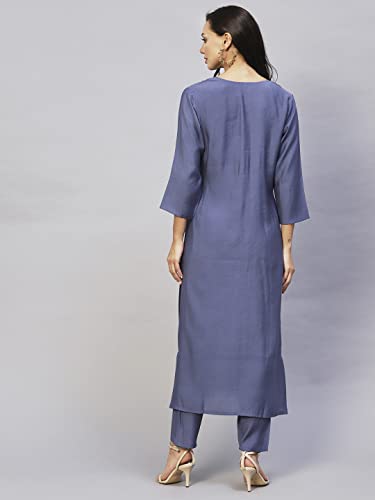 ANNI DESIGNER Women's Cotton Blend Straight Embroidered Kurta with Pant (Miti Blue-NW)