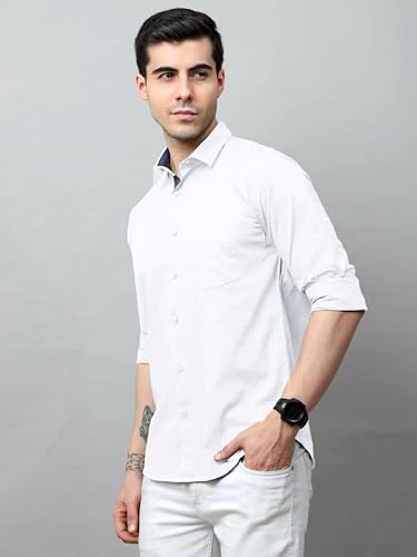 Pinkmint Cotton Soild Shirt for Men Long Sleev Spread Collar Pattern Formal Shirt, Casual Wear Off White