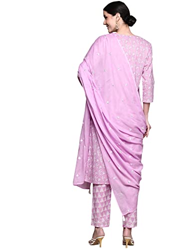 ishin Cotton Women's Embroidered A-Line Kurta Set With Trouser And Dupatta..