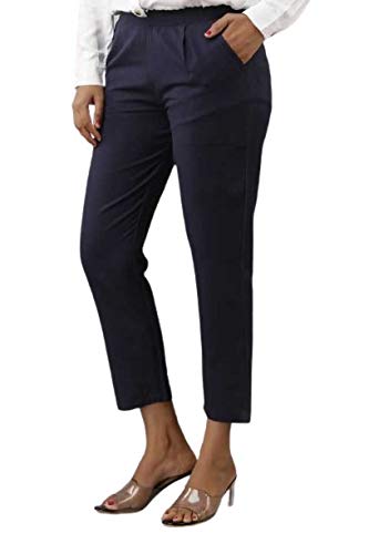 Digital Shopee Women Regular Fit Elastic Waist Full Length Cotton Formal Trouser For Casual Wear, Office Wear Navy