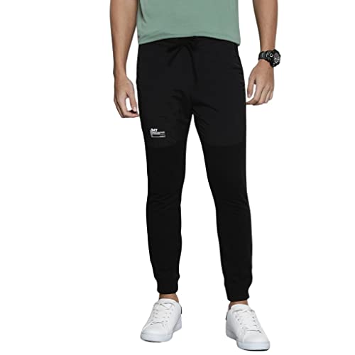 The Indian Garage Co Men Slim Fit Placement Print Mid-Rise Knitted Joggers Black