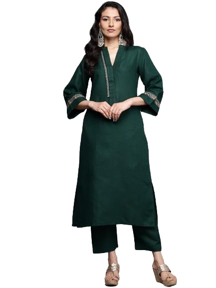 Varanga WomenS Green Mandarin Collar Thread Embroidered With Pleate Deatialing Kurta Paired With Bottom