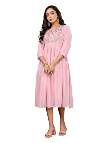 Rangita Women Pink Cotton Embroidered Flared Calf Length Dress_S
