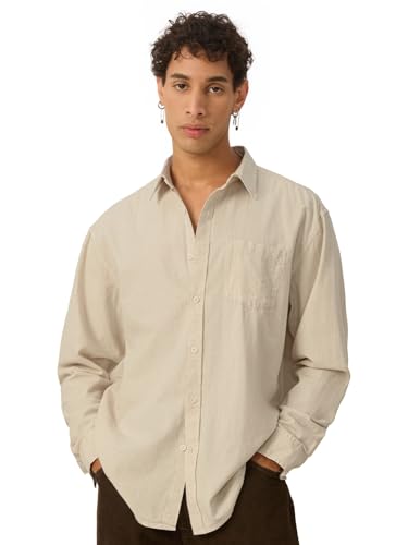The Souled Store Solids : Ecru Beige Men And Boys Collared Neck Long Sleeve Button Front Regular Fit Cotton Linen Shirt