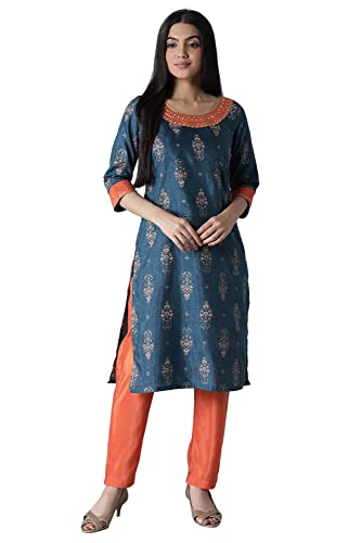 Blue Glittered Mughal Print Kurta-Trousers Set
