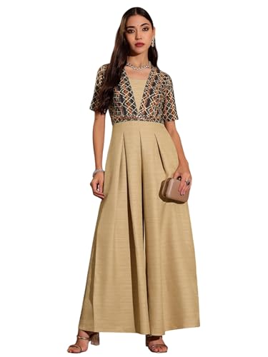 Miss Chase WomenS Square Neck Half Sleeve Geometric Pleated Silk Jumpsuit (Mcss25D92-08-174-03, Multicolored Base Beige, S)