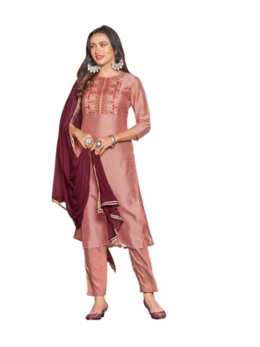 Sanisa Womens Art Silk Embroidery Straight Kurta with Pant and Gota Lace Work Dupatta