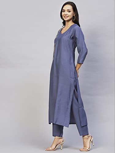 ANNI DESIGNER Women's Cotton Blend Straight Embroidered Kurta with Pant (Miti Blue-NW)