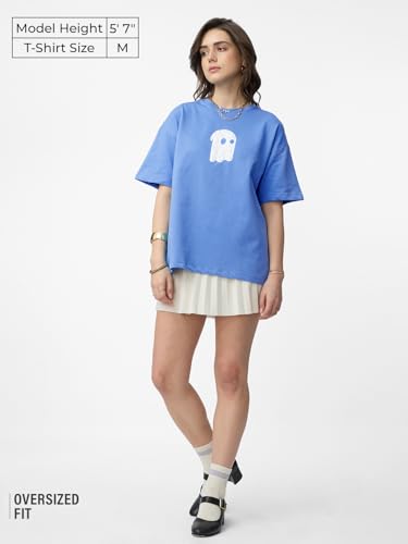 The Souled Store Soul Rising Women and Girls Short Sleeves Round Neck Blue Graphic Printed Cotton Oversized T-Shirts