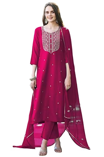ANNI DESIGNER Womens Rayon Viscose Embroidered Straight Kurta with Pant & Dupatta (Kasturi Pink-VKS03_S_Pink_Small)