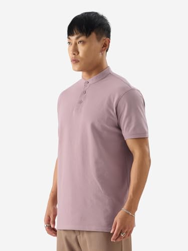 The Souled Store Solids: Dusty Peach Men and Boys Short Sleeve Regular Fit Mandarin Collared Neck Polos Mens Polos Plain Tees C