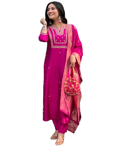 GoSriKi Womens Silk Blend Straight Embroidered Kurta with Pant & Dupatta (Kosapet Pink-GS_M_Pink_Medium)