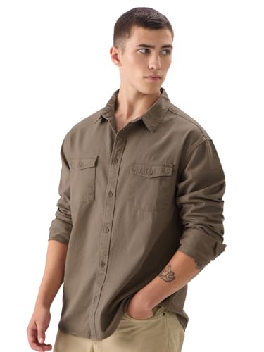 The Souled Store Solids: Brown Men And Boys Long Sleeve Collared Neck Button Front Regular Fit Utility Shirts