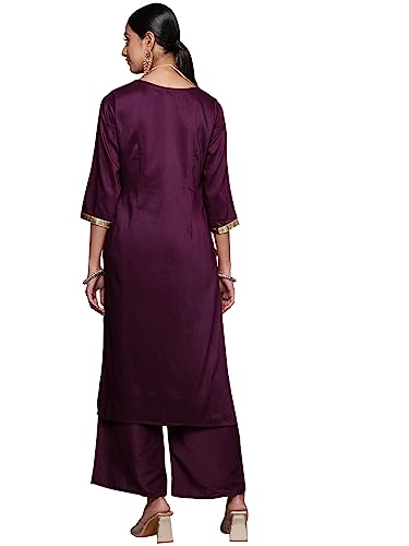 ZIYAA Women's Purple Chinon Straight Kurta Palazzo Set (ZIKUCH3965ANDPL)