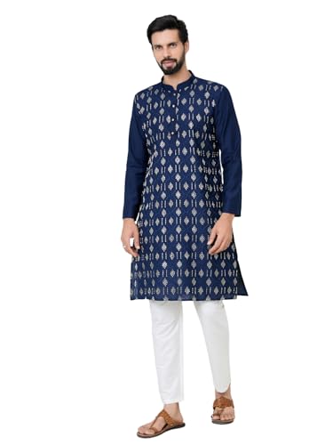See Designs Mens Full Sleeve Mandarin Collar Blue Ethnic Motifs Embroidered Sequinned Mandarin Collar Straight Long Kurta - Fes