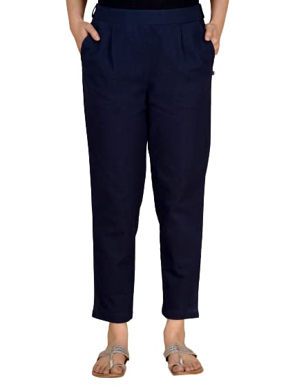 Digital Shopee Cotton Women Trouser Pant Use For Formal Office High Waist For Wide Leg Ankle Length Straight Pencil Pant (Navy B