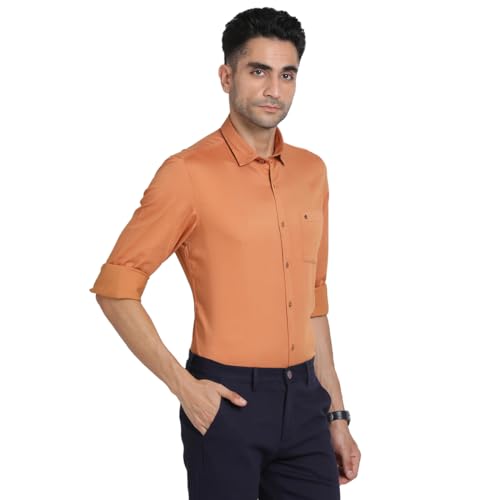 Turtle Men Poly Cotton Stretch Orange Solid Slim Fit Full Sleeve Casual Shirt