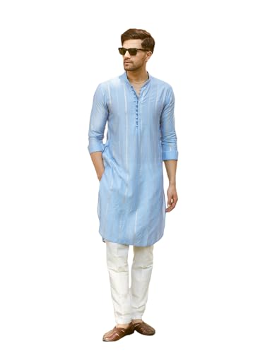See Designs Men Full Sleeve Turquoise Blue Chanderi Silk Sequins Cotton Mandarin Collar Side Slit Kurta With Pyjama - Sd2Mkt_144