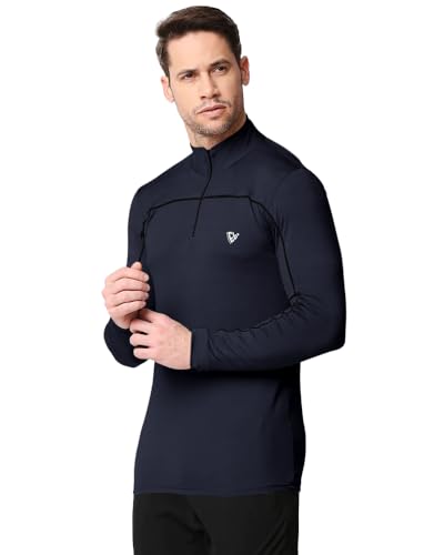 EYEBOGLER Men High Neck Solid Full Sleeve Regular Fit T-Shirt Navy Blue
