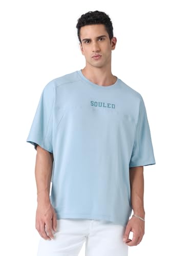 The Souled Store Blue Slate Men and Boys Short Sleeves Round Neck Blue Solid Cotton Oversized T-Shirts