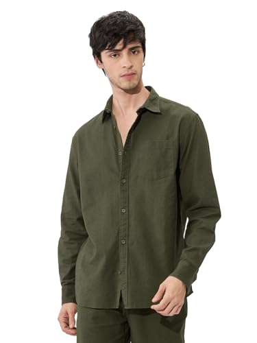 The Souled Store Solids: Olive Green Men And Boys Collared Neck Long Sleeve Button Front Regular Fit Cotton Linen Shirts Solid S