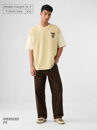The Souled Store Ted The Stoner: Adventure Men and Boys Short Sleeves Round Neck Yellow Embroidered Cotton Oversized T-Shirts