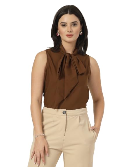 Style Quotient Women Solid Tan Polycotton Formal Top