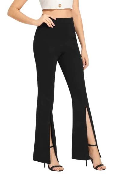 DIGITAL SHOPEE Women Solid Front Split Hem Flare Leg Bell Bottom Pants Trouser (XX-Large Black)