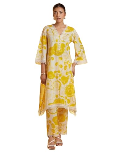 LookMark Womens Printed Cotton Blend Straight Kurta Pant Set with Lace - Comfortable Ethnic Wear for Women, Elegant Design, Sui