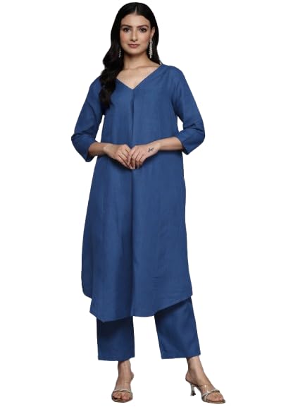 Varanga Women Blue Solid A-Line Kurta Paired With Tonal Bottom